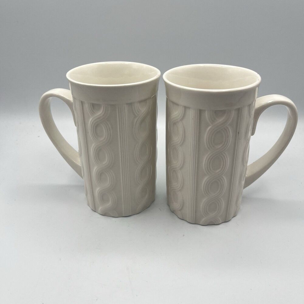 Bay Island Set of Two Cable Knit Design Coffee Mugs Tall Off White Color 2021